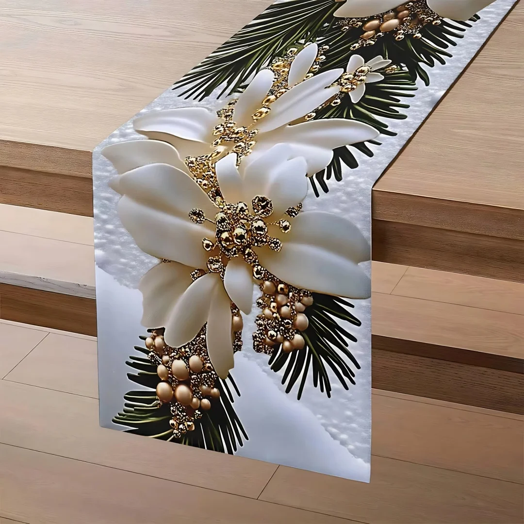 1piece 3D Embossed Christmas Table Runner White Flowers Pine Twigs Gold Beads for Xmas Dinner B&B Year End Party Art Exhibition
