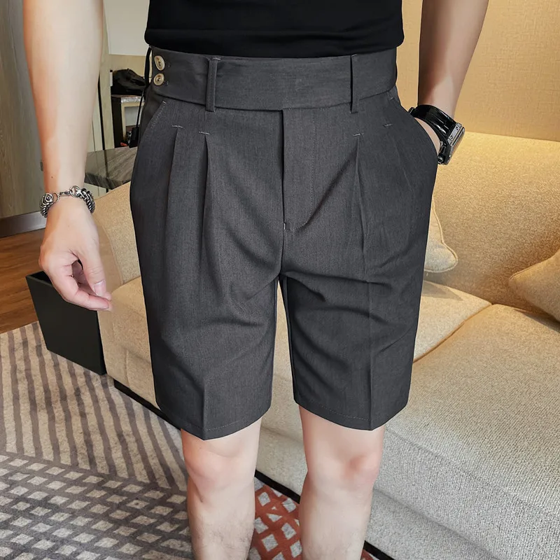 5 Colors Summer Men\'s Shorts High Quality Fashion Belt Design Slim Fit Short Pant Formal Social Wedding Party Knee Length Shorts