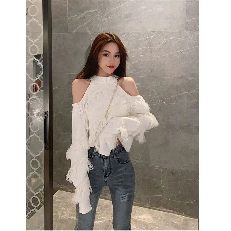 Women Knit Sweater Pullover Streetwear Sexy Tassel Cropped Tops Long Sleeve Top Skeleton Strapless Knit Sweater Y2k Clothing