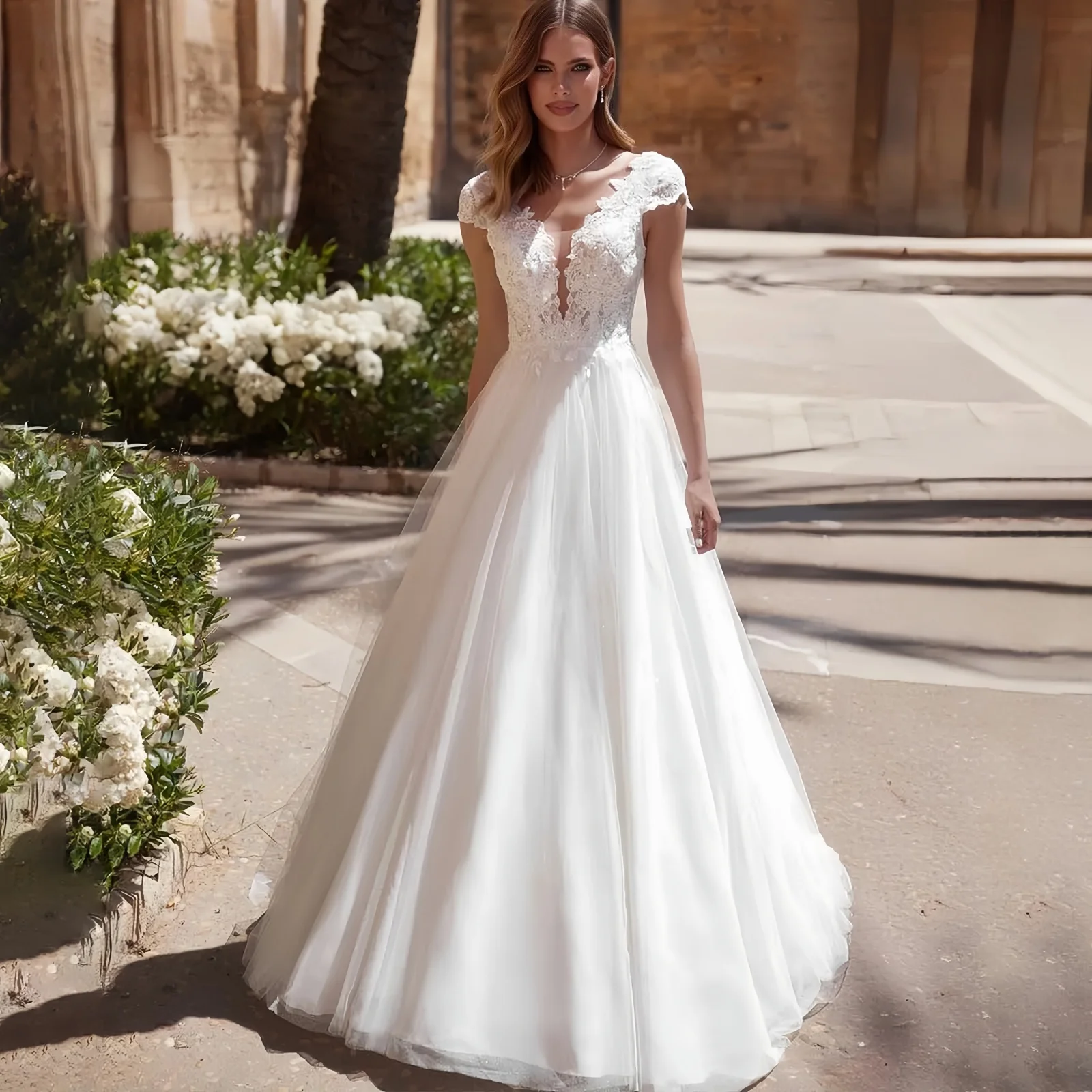Elegant Cap Sleeves Tulle Wedding Dress for Bride V-neck Floor Length Customized Lace Applique Bridal Gowns vestido de novia