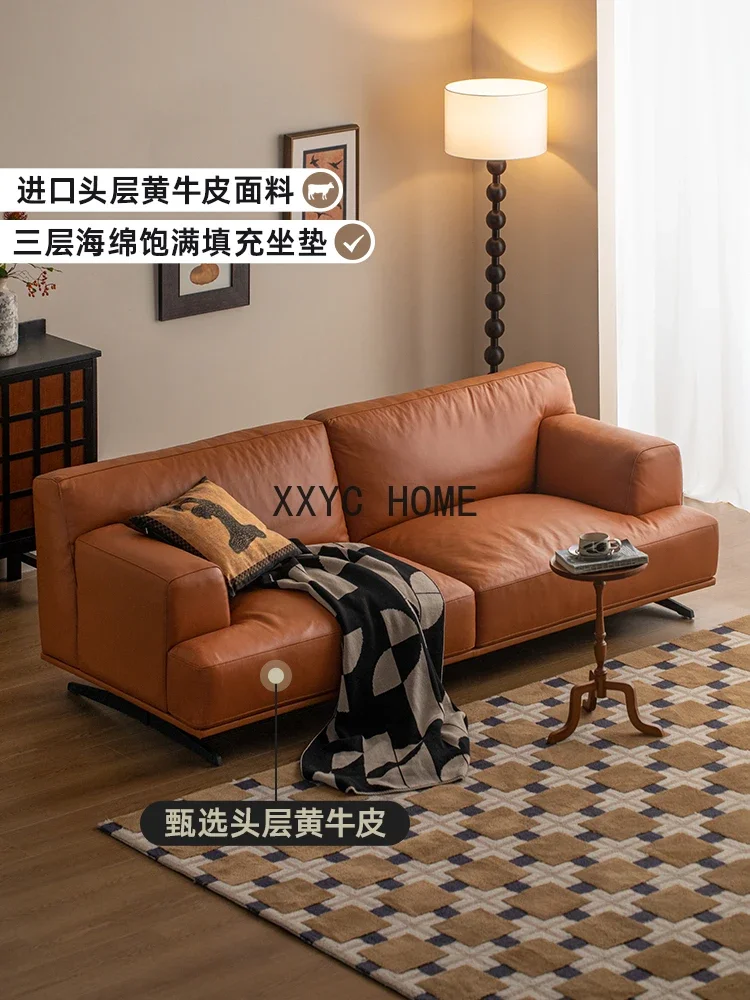 

Retro leather sofa small apartment living room antique designer leather sofa light luxury