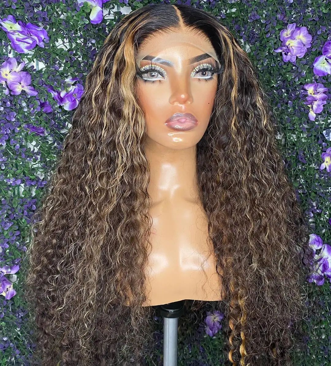 

Brown with Blonde Highlight Deep Wave Wig 13x4 Synthetic Lace Front Wigs Honey Blonde Lace Frontal Wig Deep Wave Pre Plucked Wig