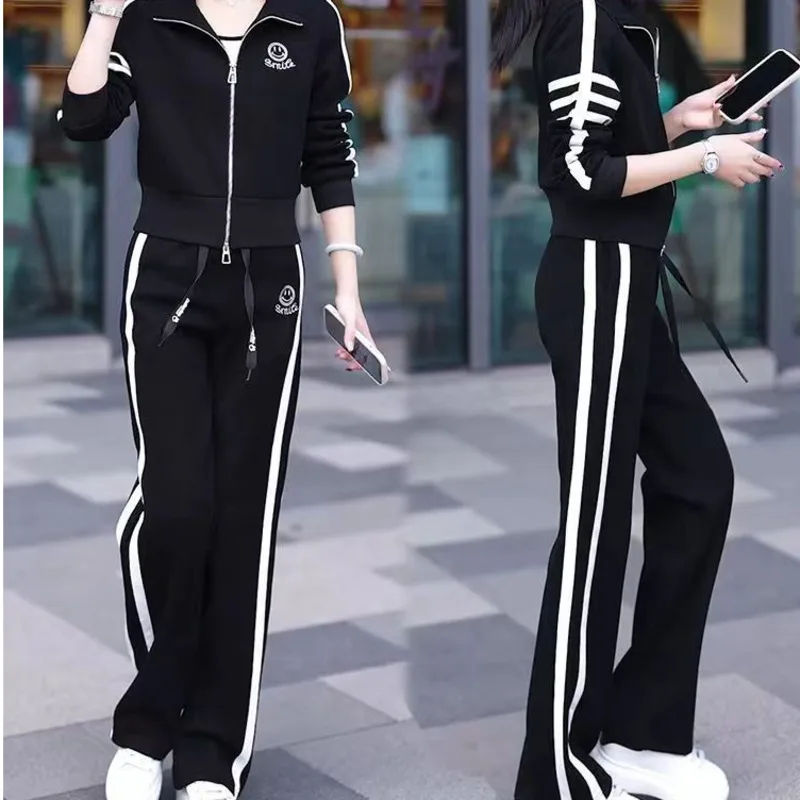 Leisure Sportswear Suit For Women\'s Spring And Autumn 2023 New Westernized Fashion Sweater Jacket Wide Leg Pants 2 Two Piece Set