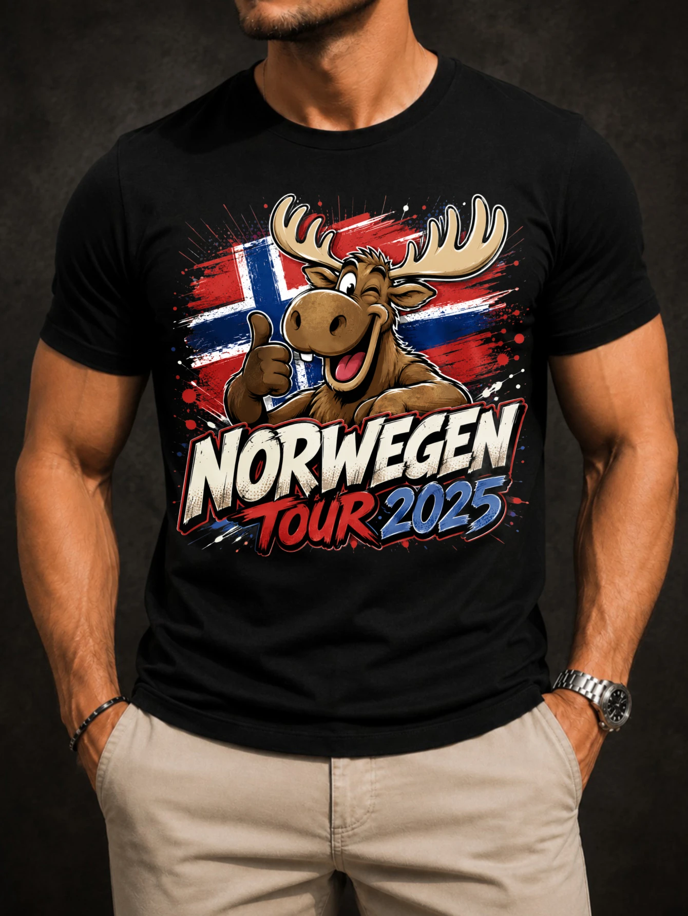 Norwegen Tour 2025 With Happy Moose Fl-ag Paint Splashes Thumbs Up Pose And Distressed Lettering  Unisex All T-Shirt