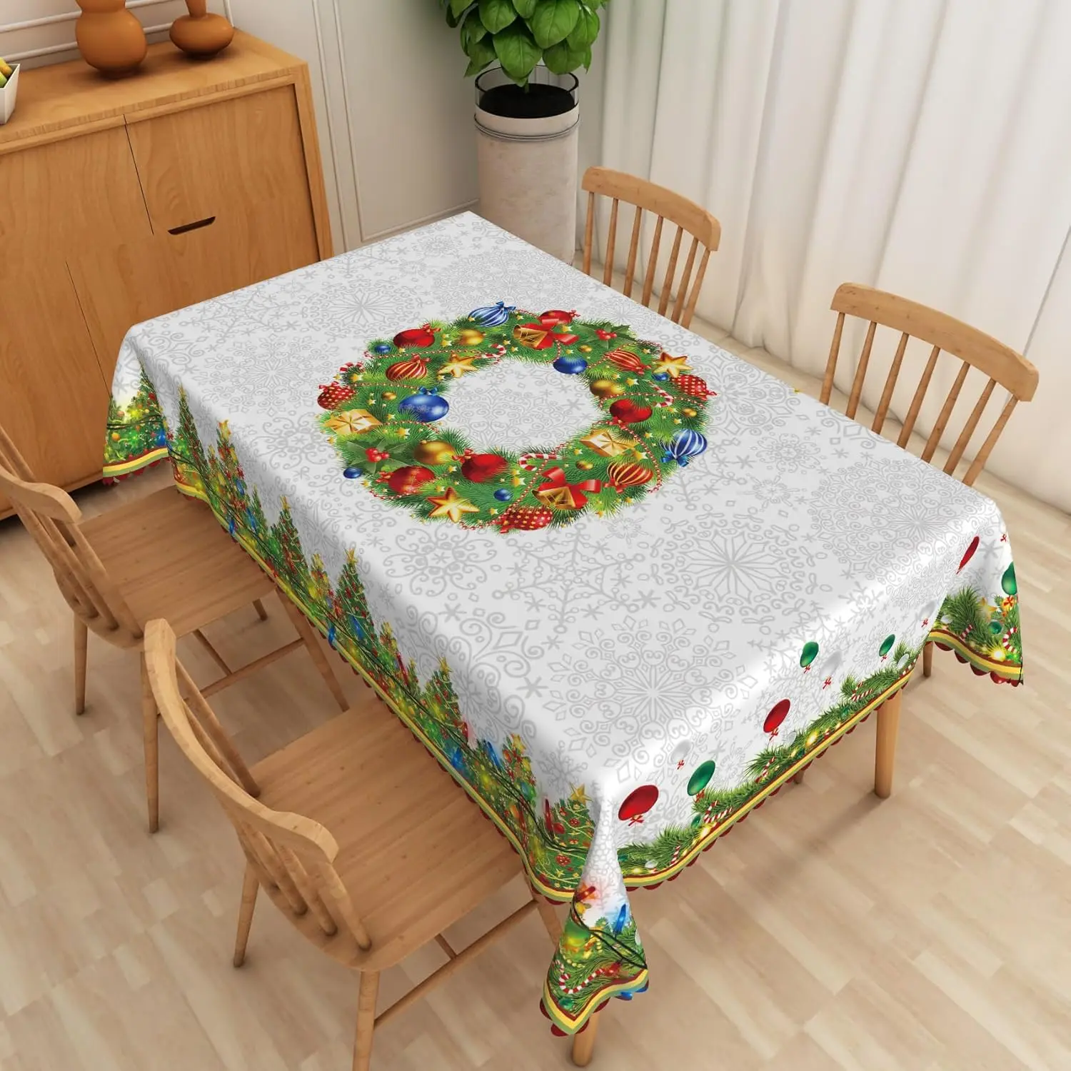 Christmas Trees Garland Tablecloths for Table Decor Reusable Winter Xmas Balls Kitchen Dining Table Cloth Christmas Decoration