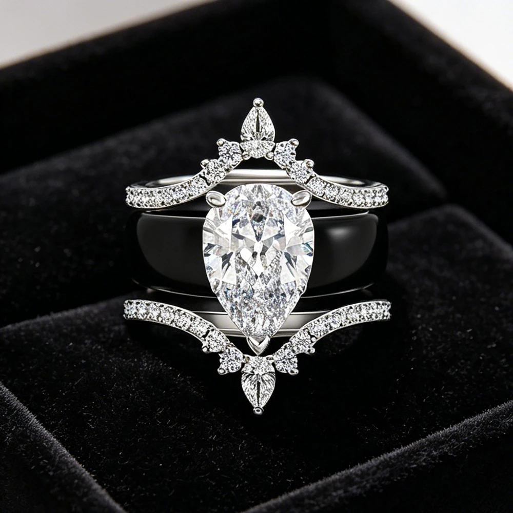 Black Silicone Crown Wedding Ring Set Pear Cut Zircon 3pcs Stackable Engagement Band for Women Bridal Gift Jewelry