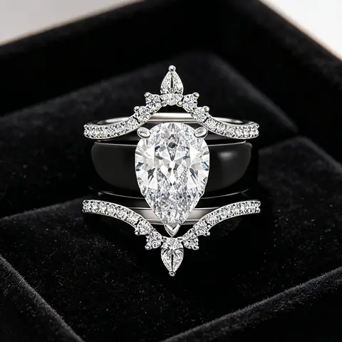 Black Silicone Crown Wedding Ring Set Pear Cut Zircon 3pcs Stackable Engagement Band for Women Bridal Gift Jewelry
