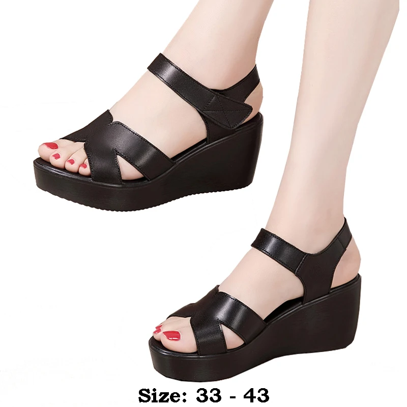 

High quality summer leather wedge sandals for women 6cm mid heel 2024 size 33 43 platform open toe elegant shoe black red white