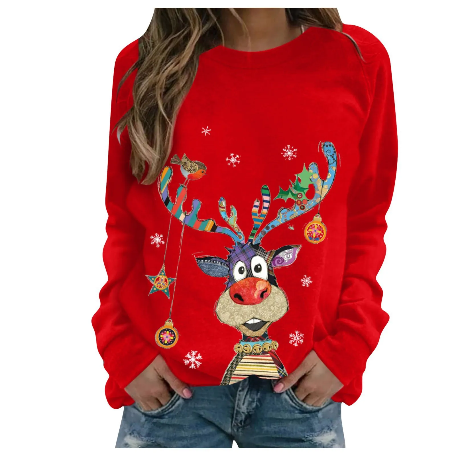 Kaus wanita motif seri natal Fashion Pullover wanita leher bulat lengan panjang kartun Sweatshirt atasan kasual Harajuku