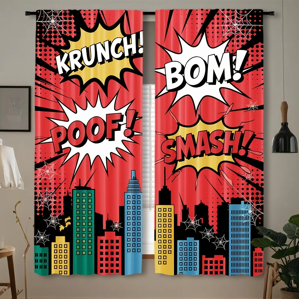 Pop Art Comic Book Skyline Cityscape Curtains Drapes Funky Cartoon Print Window Decor for Living Room Bedroom Home