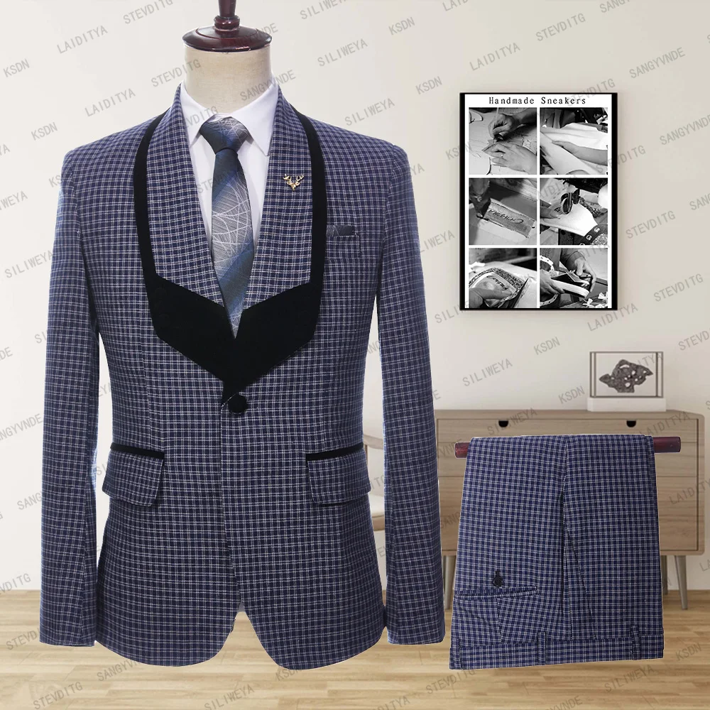 

2023 New Fashion Men's Business Big Black Collar Casual Dark Blue Male Two Button Jacket