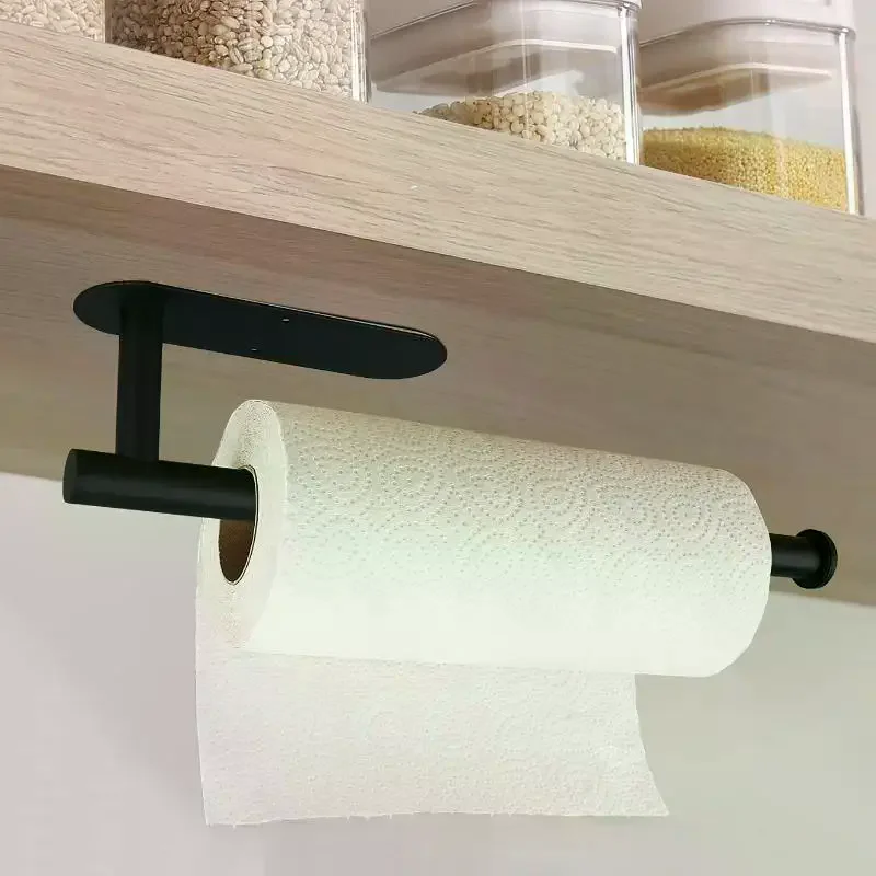 1pc Adhesive Kitchen Cabinet Punch Free Self Wall Mounted Paper Tissue Rack Suitable for Bathroom Under Sink Cling Film