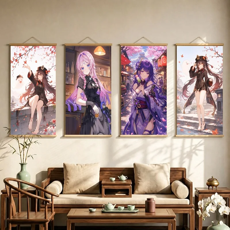 Genshin Impact Hanging Scroll with Anime Women in Elegant Fantasy Outfits and Soft Pink Blossom Scenes for a Bedroom