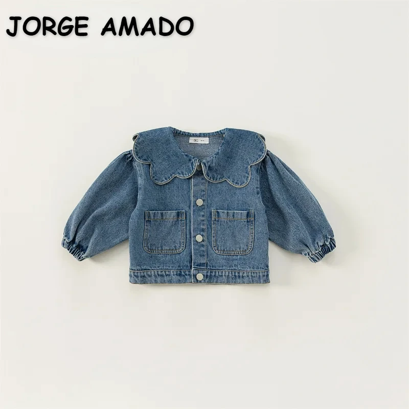Korean Style Spring Autumn Kids Girl Denim Coat Ruffle Collar Long Sleeve Outerwear Children Fashion Versatile Clothes E82075