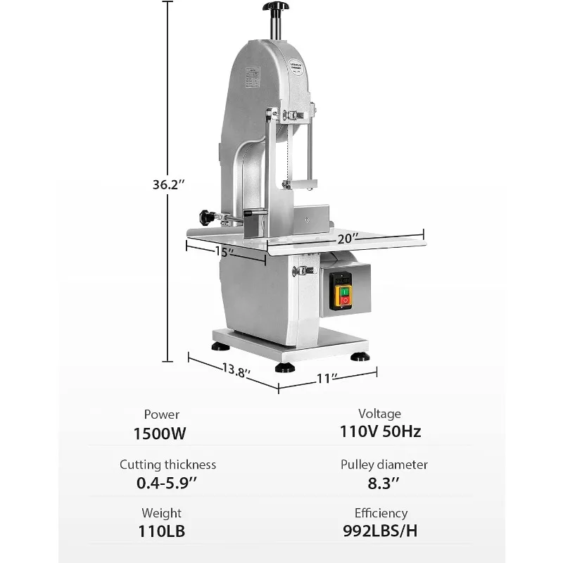 1500W Electric Bone Saw Machine, 0.8-5.9 Inch Cutting Thickness,2.6HP Frozen Meat Cutter 110V Commercial Bandsaw Machine