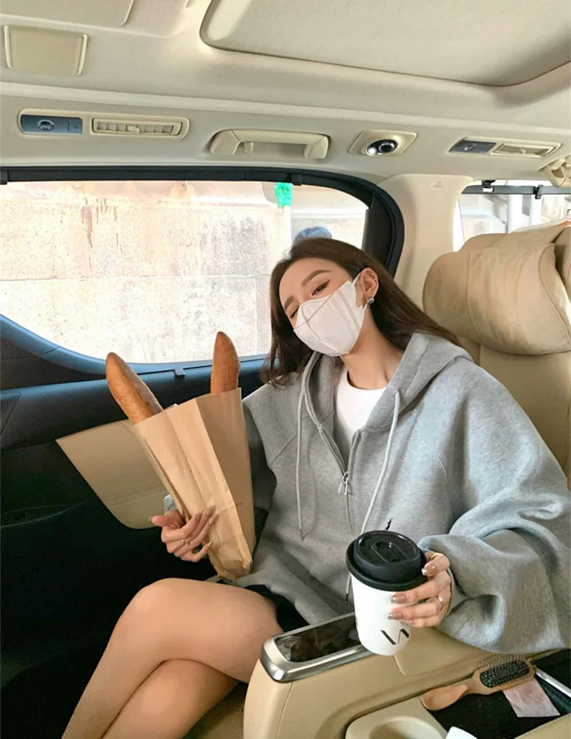 Casual Pullover Women Short Loose Autumn Winter Lapel Zippers Pockets Female's Hoodie Full Sleeve Solid Tops Lady Soft All-match