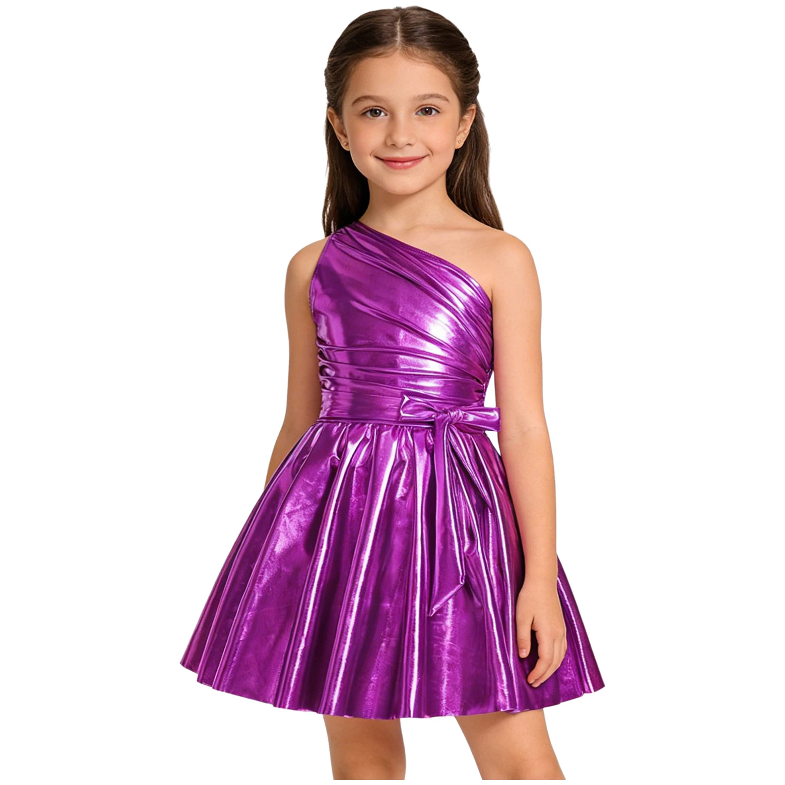 Children's Shiny Prom Dress Girls One Shoulder Party Gown Metallic Dress Dance Rave Festival Pageant Disco Performance Costume