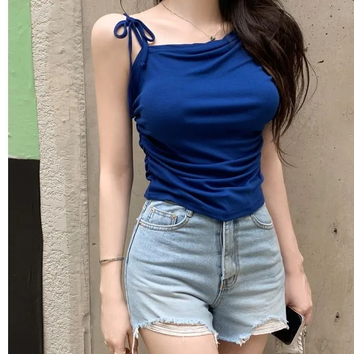 Skin-friendly Folded Strap T-shirt Women Summer Pure Desire Klein Blue Slant Shoulder Tie Slim Fit Versatile Top