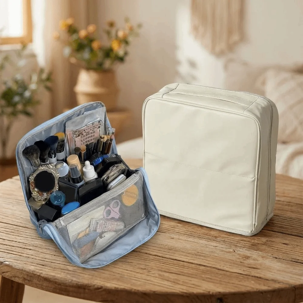 PU Vertical Makeup Bag Multi-layer Square Stationery Storage Bag Large Capacity Solid Color Cosmetics Storage Bag for Home