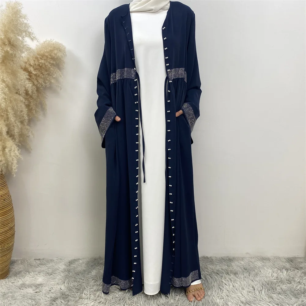 

Latest Muslim Abayas for Women Islamic Fashion Pearls Kimono Robe Modest Dress Long Elegant Cardigans Clothing Front Open Abaya