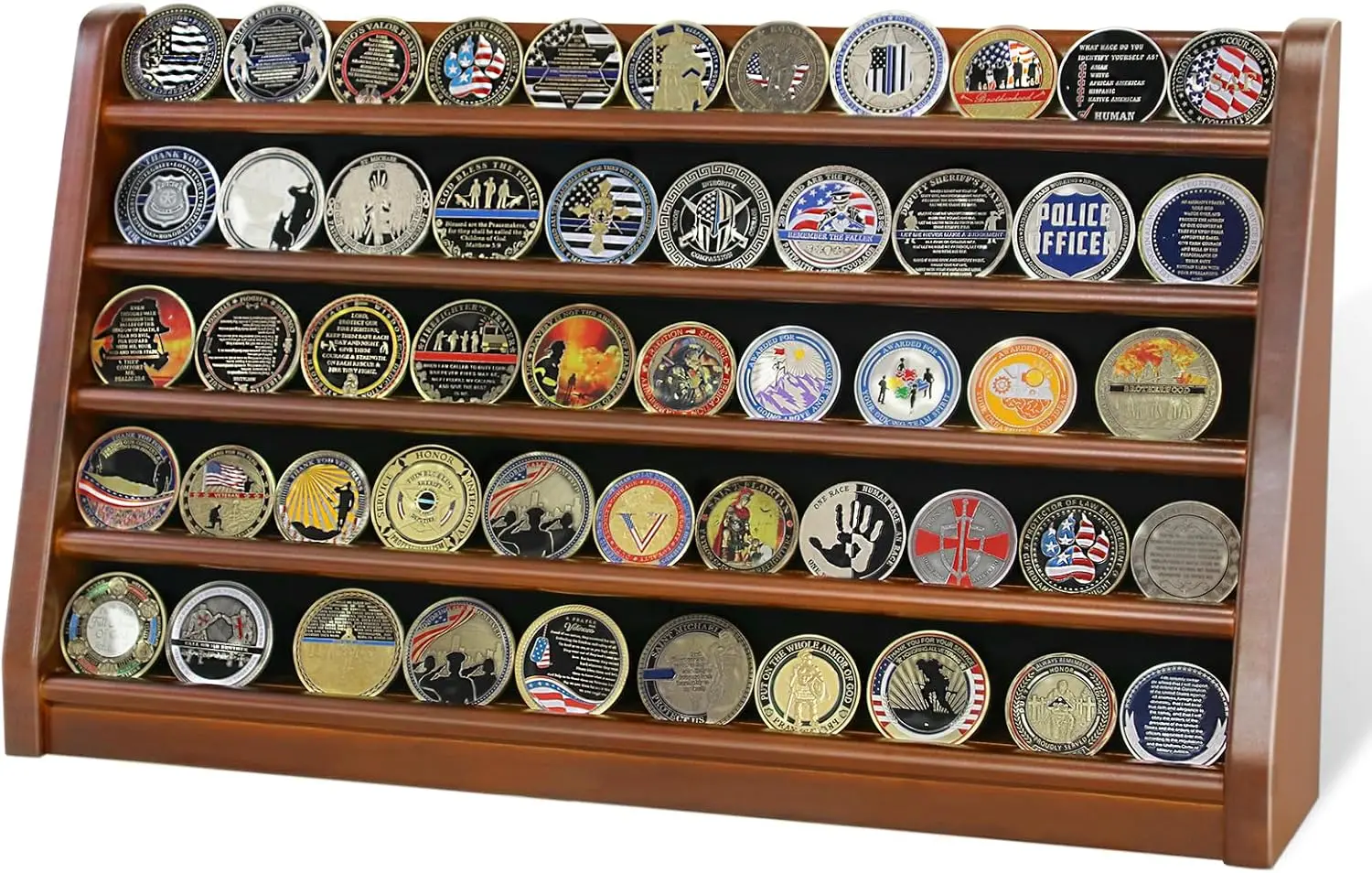 

Solid Wood Challenge Coin Display Stand Holds 50 Coins, 5 Rows for Wall or Tabletop, Walnut Finish