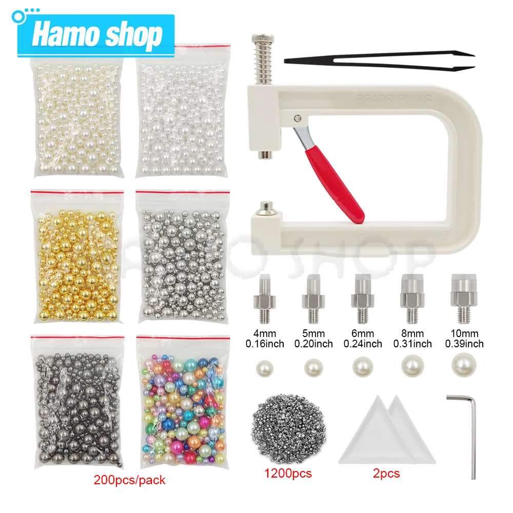 

1200pcs Pearls with Setting Machine None-Sewing ABS Beads Rivet Kit for Clothing Hats Handbags Coats DIY Handmade LeatherCrafts