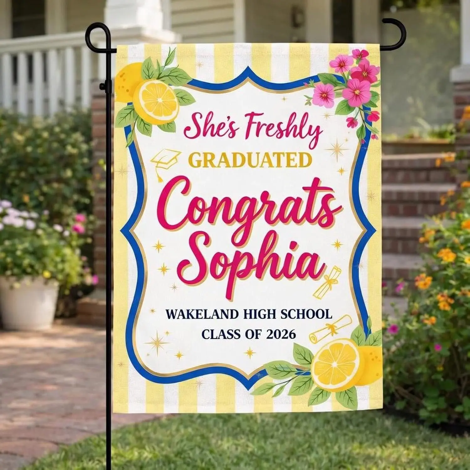 Graduation Garden Flag Personalized Class of 2026, Lemon Theme Congrats Graduate Yard Flag, Custom Name Outdoor Decor, Gradu jjp