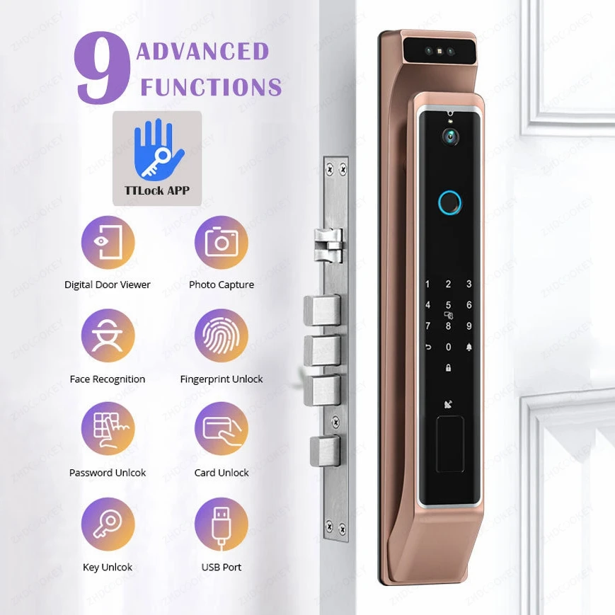 ZHDCOOKEY 3D Face Recognition Smart Lock Tuya Wifi TTLock APP Fingerprint Password IC Card Code Key Biometric Digital Door Locks