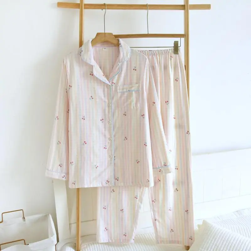 Sweet Cute Cotton Pajamas Set Women 2 Pcs Plaid Print Floral Soft Homewear Shirt&pants Loungewear Long Sleeves Lapel Sleepwear