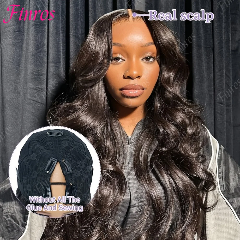 

Finros 180% Density Body Wave V Part Wig With Drawstring 100% Human Hair Real Scalp Upgrade U Part Wig Fit For All Sizes