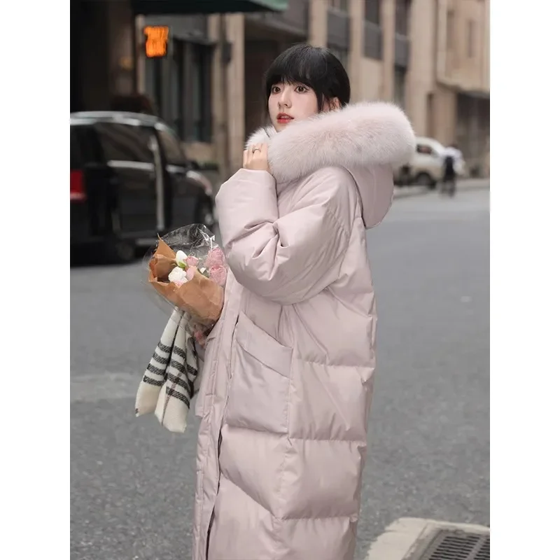 2024 new mid to long style real fox fur collar 90 white duck down down down jacket women's winter version loose hooded jacket