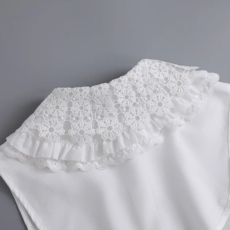 여성 및 소녀용 화이트 빅 라펠 숄 인조 칼라, 러플 트림 탈부착 가능한 반셔츠 라펠 블라우스 칼라 장식