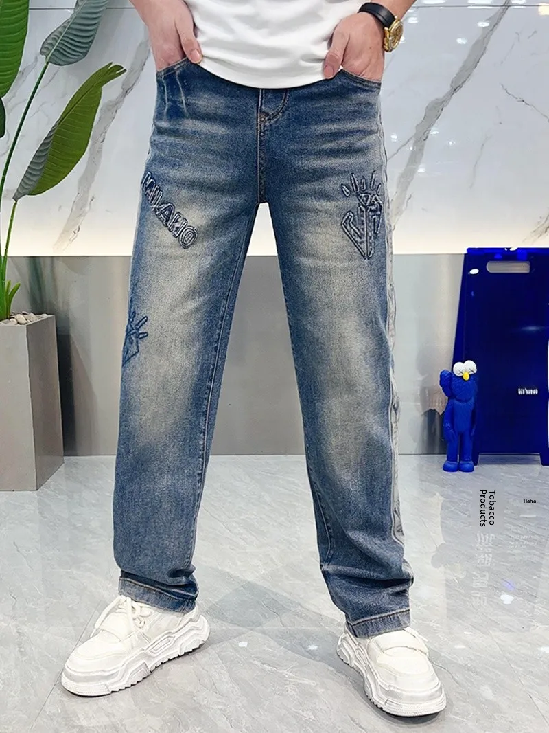 

Spring Summer Trendy Men's Loose Casual Long Pants Straight Leg Denim Jeans Side Stripe Letter Print Breathable Water Waed