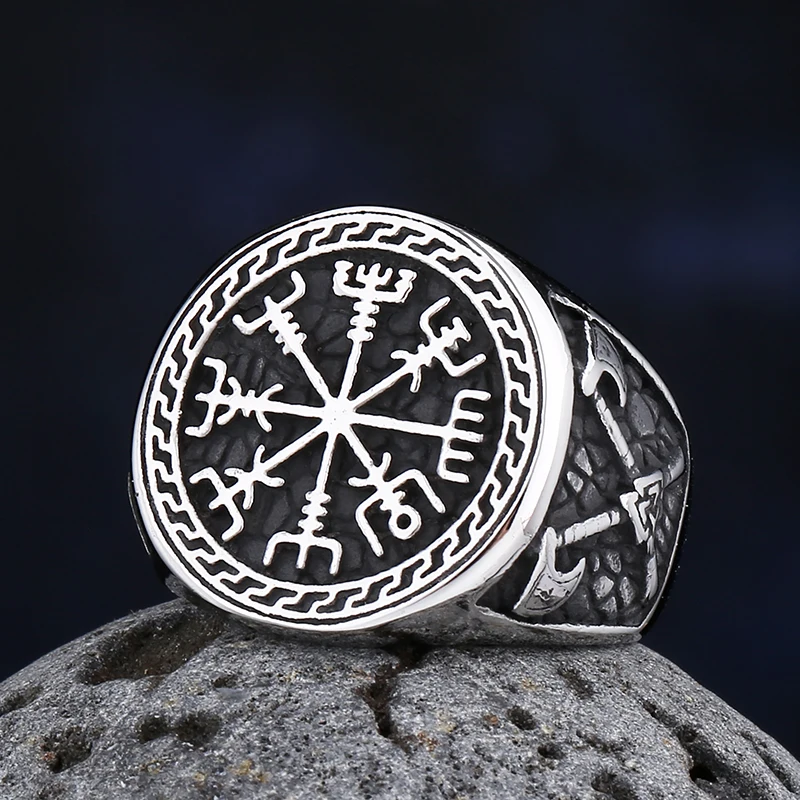 2023 New Vintage 316L Stainless Steel Viking Vegvisir Compass Ring Punk Women Men Unisex Axe Valknut Jewelry For Party Gift