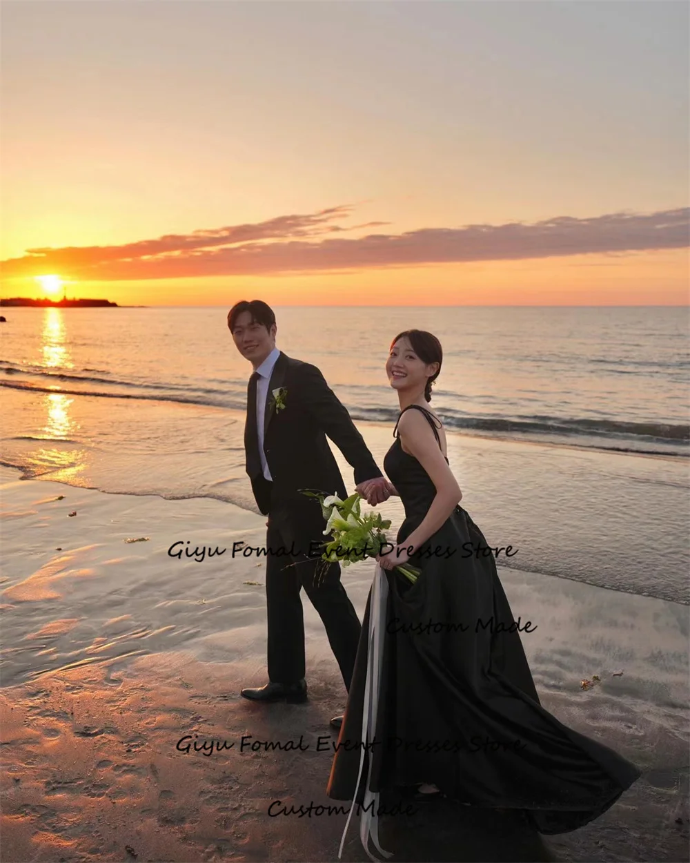 Giyu-vestido de boda de Corea para sesión de fotos, vestido de noche negro Simple, línea A, tirantes finos, Espalda descubierta, largo hasta el suelo, Verano