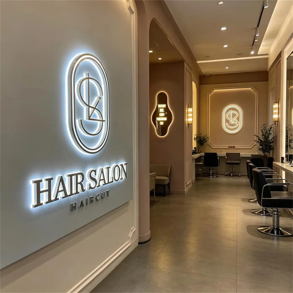 Custom LED illuminated Backlit 3D Metal Graphic Logo Letters For Hair Barbershop Beauty Salon Commercial Shopping Mall Outdoor