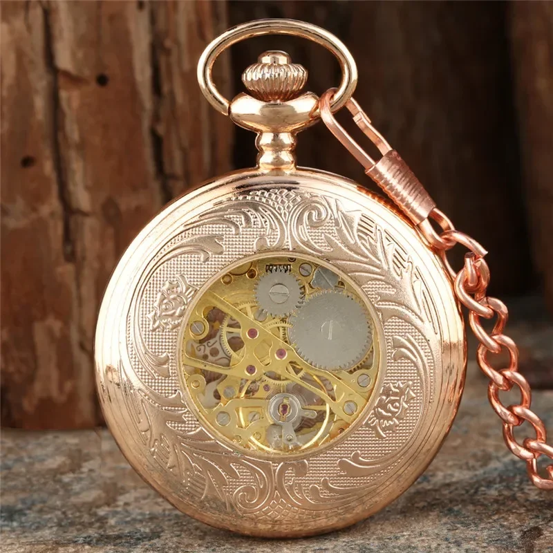 Rose Gold Roman Numbers Skeleton Mechanical Hand-Wind Pocket Watch with Pendant Chain Men Women Gift Rose Gold Clock Reloj