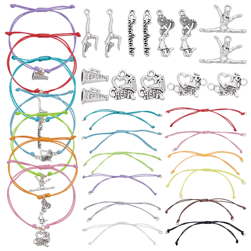 24 Sets Cheerleader Gifts Cheer Bracelet Sets 7 Styles 48Pcs Collection Gymnastics Pendants with 24Pcs Adjustable Handmade