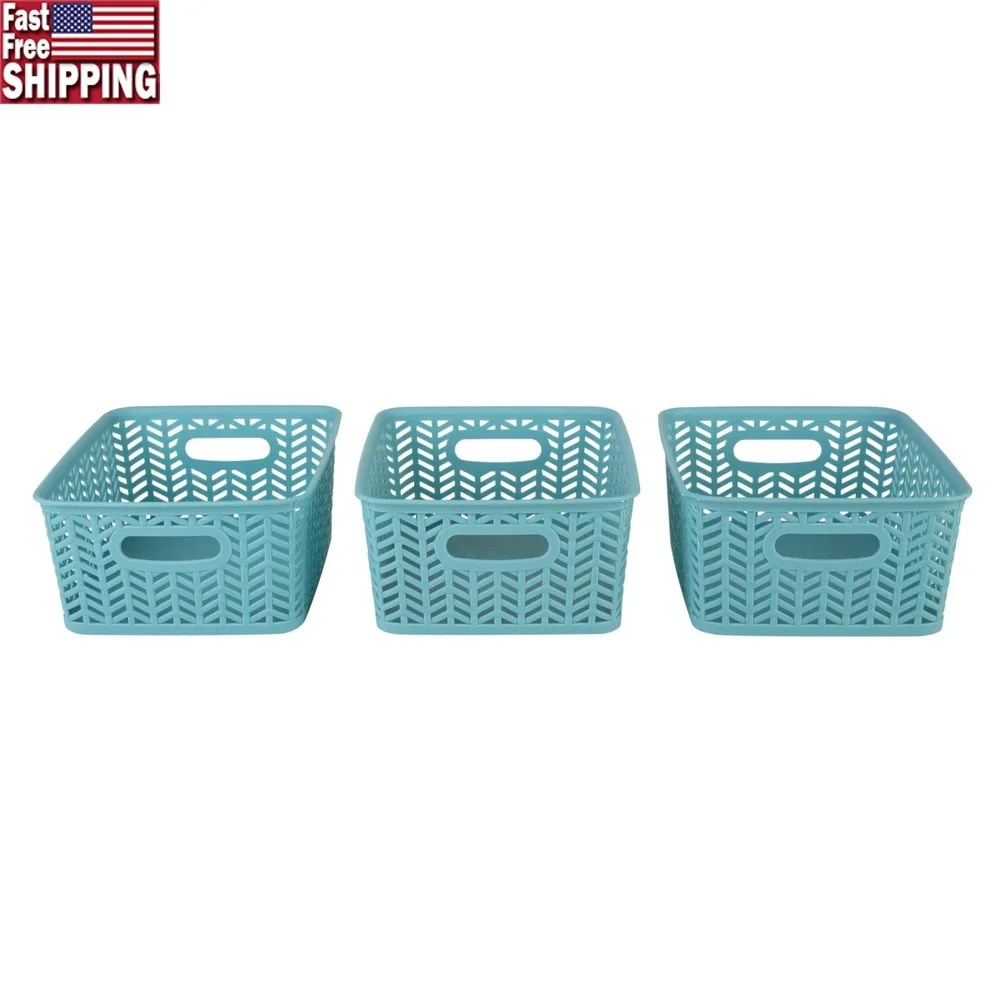 

3 Pack Herringbone Plastic Storage Baskets Lightweight Organizing Bins with Loop Handles Rectangular Design Home Decor Classic