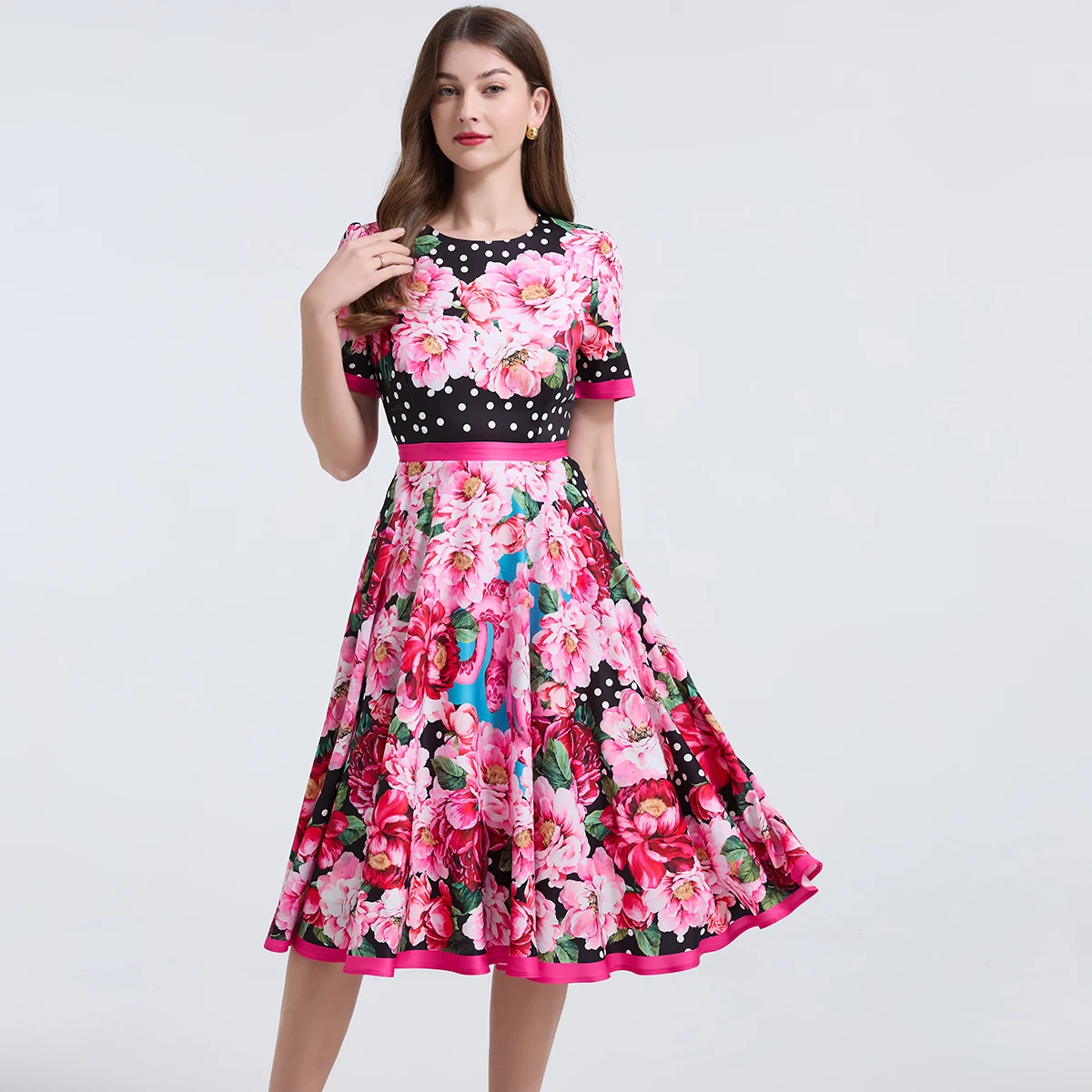 

Elegant Dot Rose Red Floral Print Summer Dress For Women Fashion Short Sleeve High Waist A-Line Casual Dress Vestidos