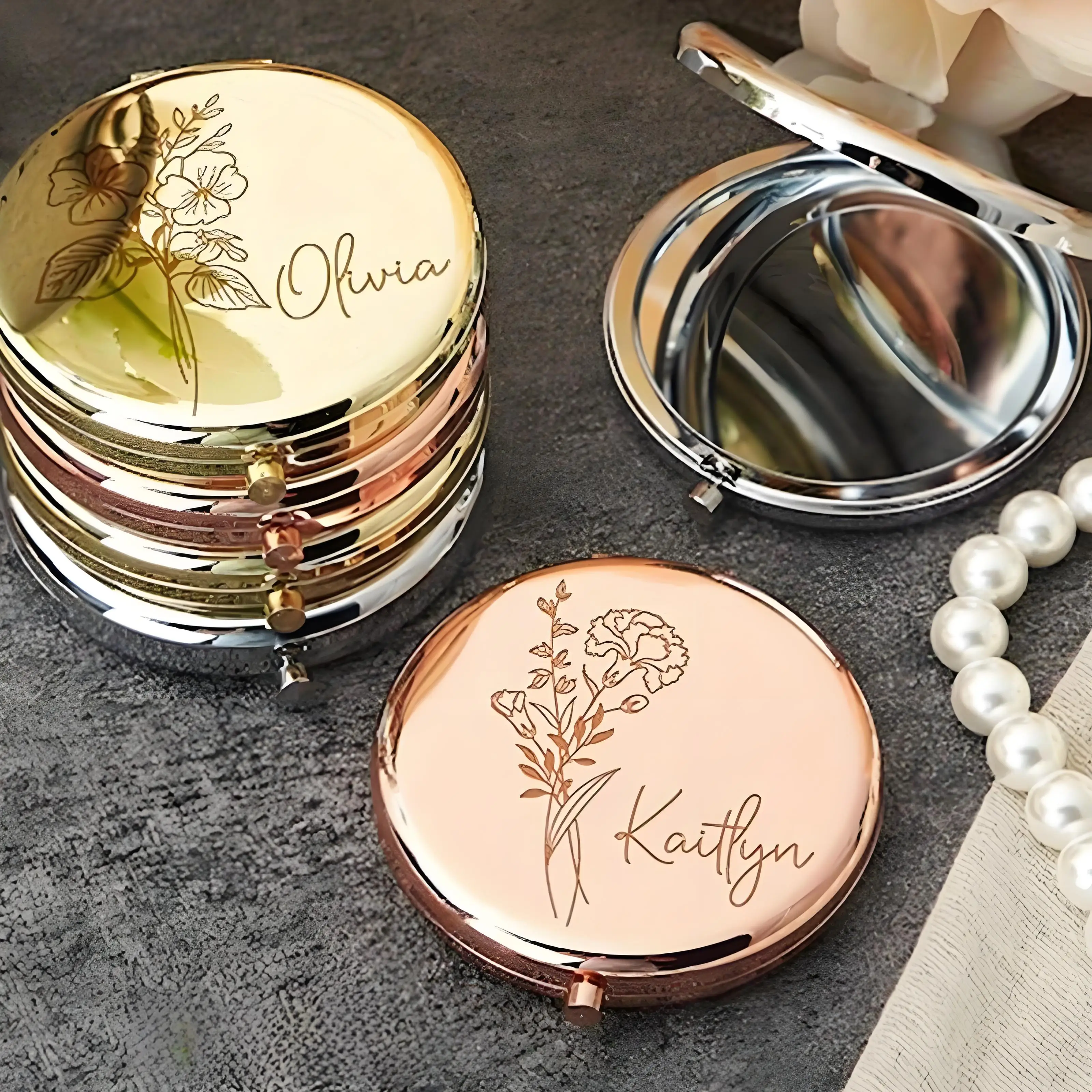 

Customized engraved birthday flower design makeup mirror portable mirror round elegant birthday gift personalized gift for women