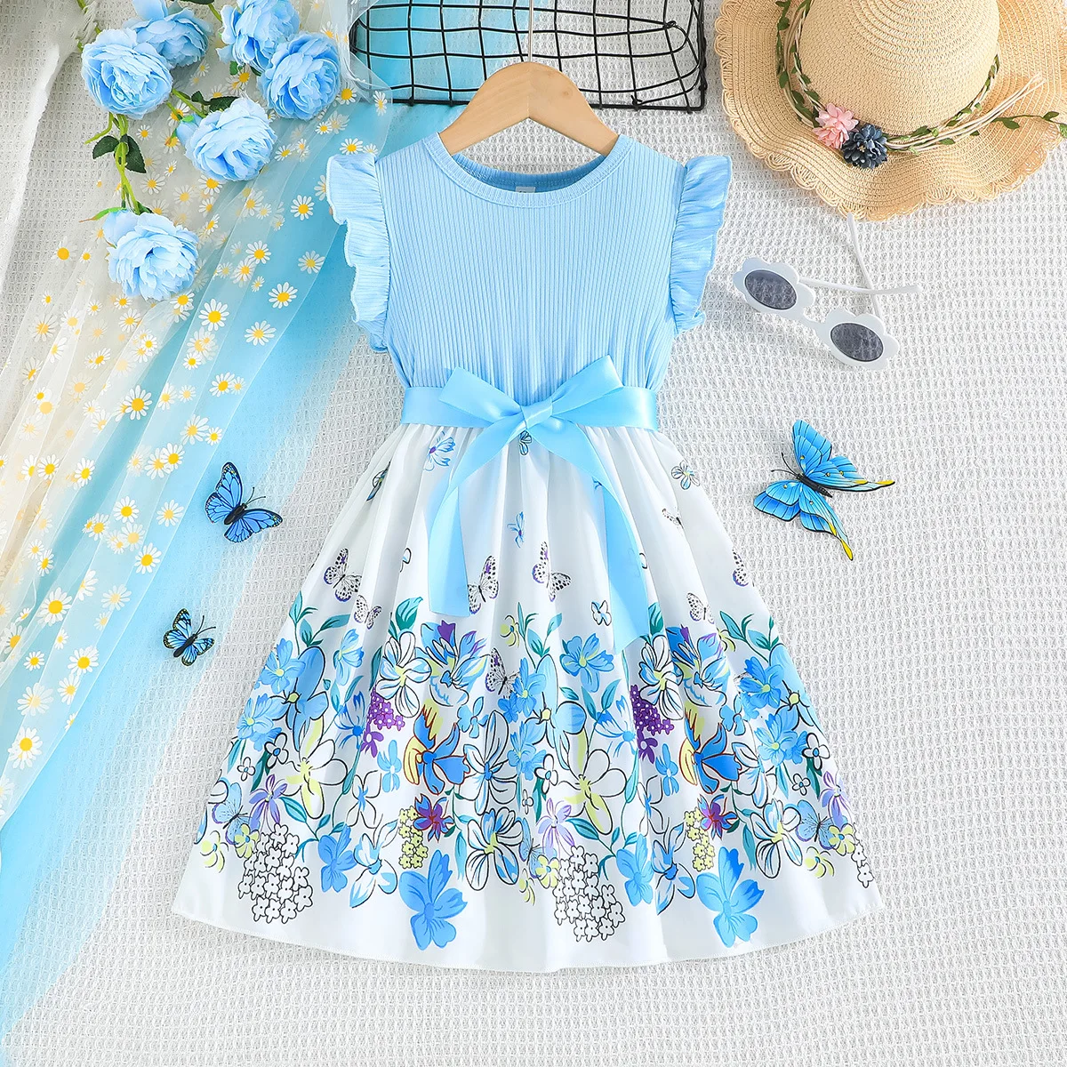 Summer Girls Floral Dresses New Fashion Sweet Kids Ruffle Sleevele Flowers Patchwork Dress Vestidos Children Clothing With Belt