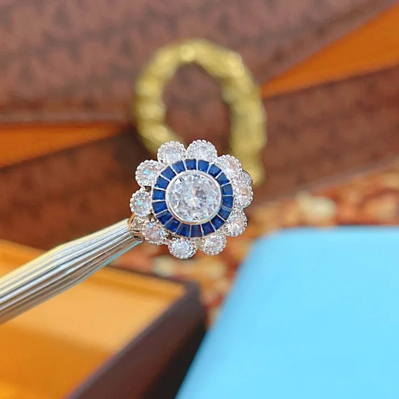 925 Silver New Square Diamond Ring Luxury Full Diamond Blue Snowflake Engagement Rings for Women Party Ladies Jewelry Gift