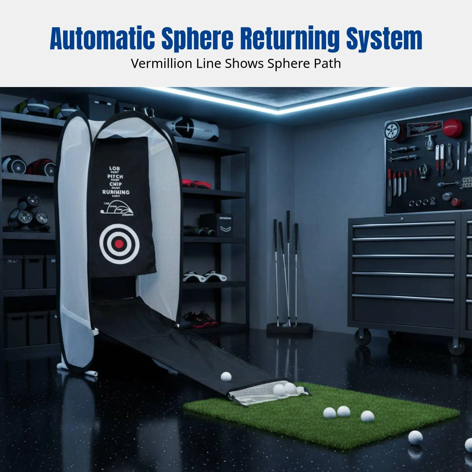 Golf Net for Putting Practice with Removable Aiming Cloth and Automatic Sphere Collection Trough