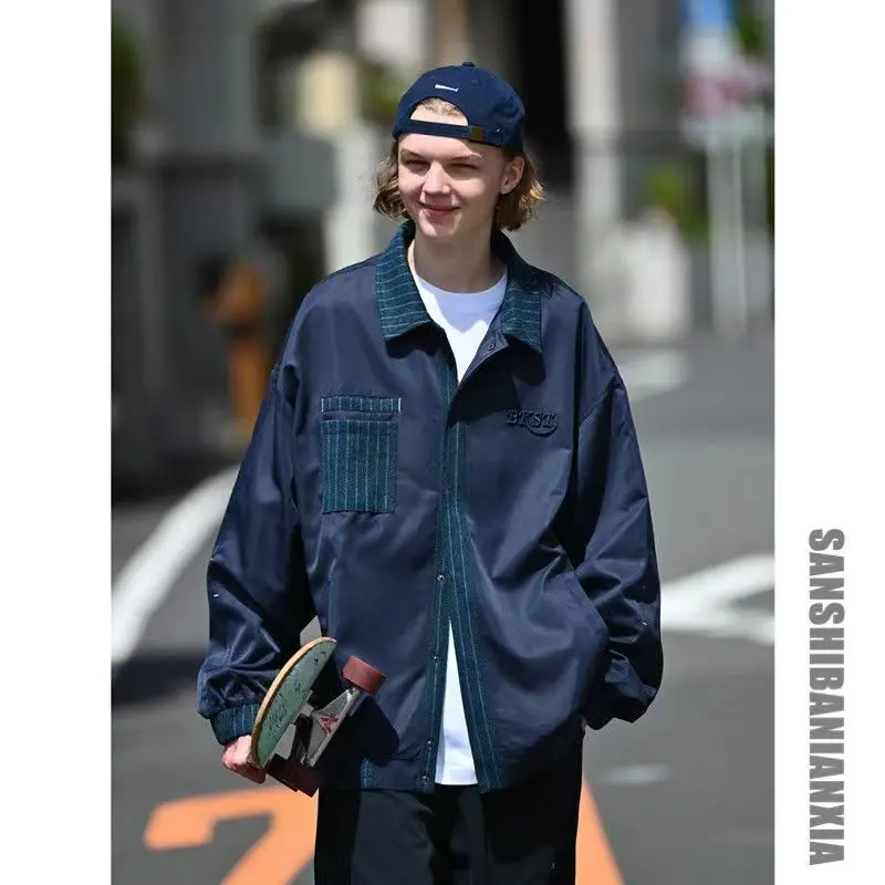 

Striped Autumn Jackets VIntage Men's Jacket Patchwork Casual Trun Down Collar Oversized Coat Hip Pop New Men clothing 2023