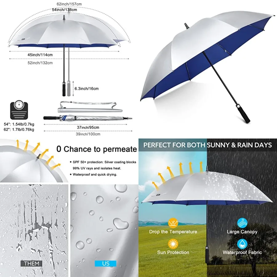 

Windproof UV Protection Golf Umbrella Extra Large Silver Coated Automatic Open Stick Long Umbrella