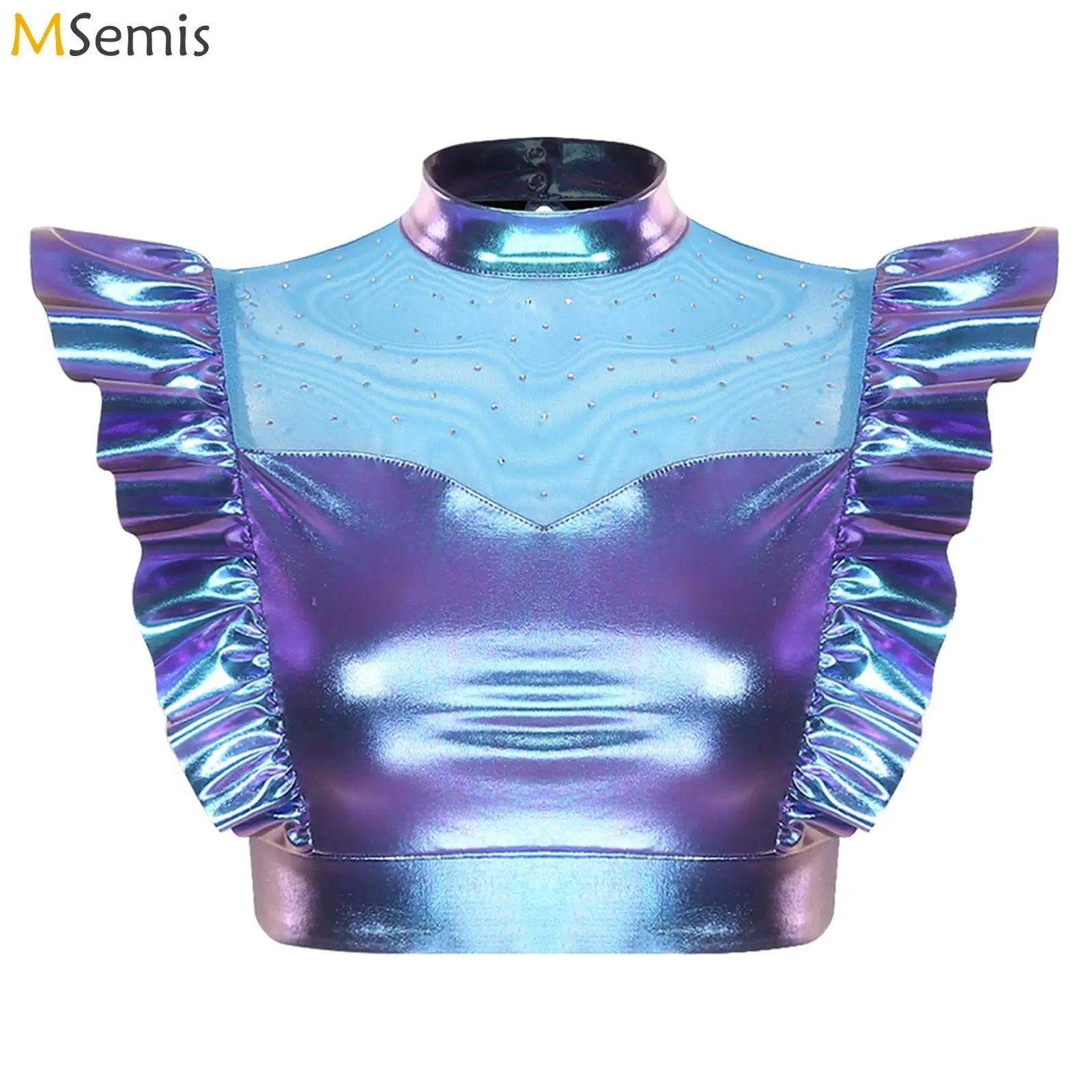 Top corto metálico brillante con volantes y diamantes de imitación para mujer, camiseta sin mangas con cuello simulado y malla transparente en la parte delantera, ropa para discoteca Rave
