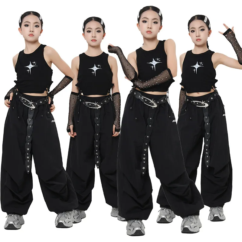 2026 Children Jazz Dance Performance Costume Black Suit Vest Pants Street Wear Girls Hip Hop Dance Clothes Stage Outfits DW11495