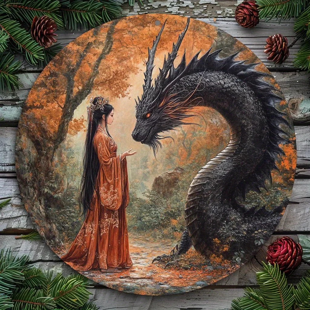 2D Flat, [2D Flat] 2D Flat Print 1pc Metal Iron Sign. Round Metl Decortive Plque Feturing Theme of Chinese Women Nd Drgons, Suit