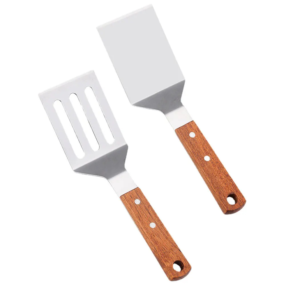 

2pcs Wooden Handle Steak Frying Spatula Set Curved Hollow Design Oil Filtering For Home Kitchen Restaurant Cooking Tool